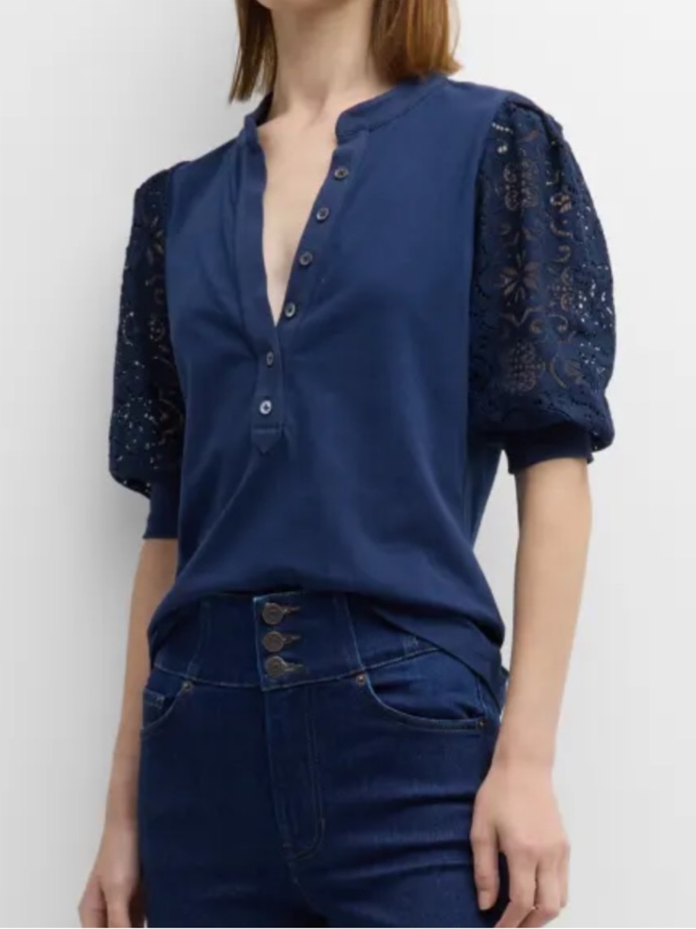 Veronica beard navy Pima cotton coralee top lace puff sleeves sz xs